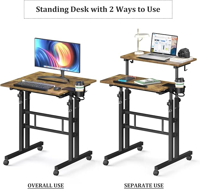 Enayplon Small Standing Desk with Wheels, Mobile Stand Up Desk, Portable Standing Table on Wheels for Walking Pad, Rolling Computer Desk Adjustable Height, Tall Table - Image 9