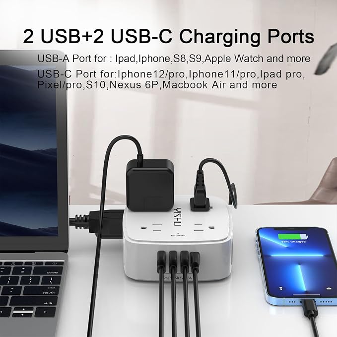 6Ft Surge Protector Power Strip with 8 Widely Outlets & 4 USB Ports | 3 Side Outlet Extender with 6 Feet Extension Cord, Flat Plug, for Home, Office, College Dorm Room Essentials, ETL, White - Image 5