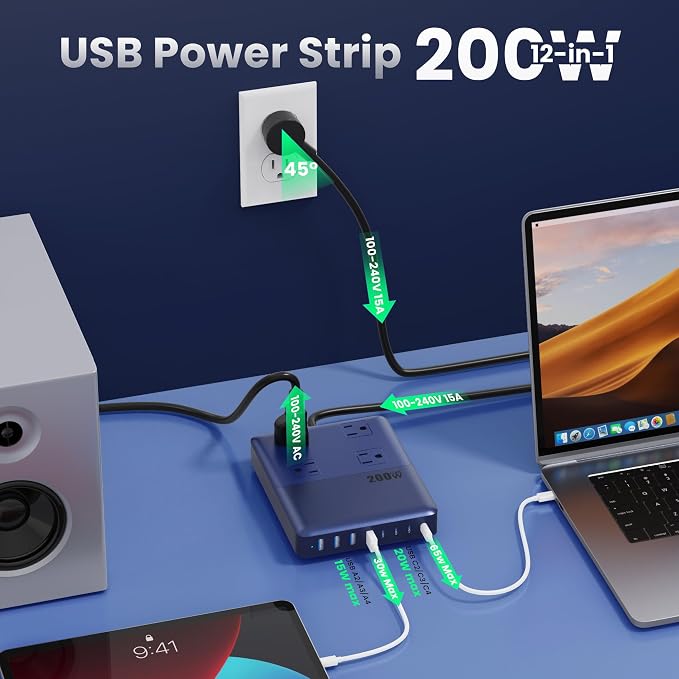 200W Charging Station,12-in-1 USB C Power Strip with Flat Plug and 5ft Extension Cord,4 AC Outlets,4 USB-A,4 USB-C Ports for iPhone 17/16/15,65W PD Fast Laptop Charger for MacBook,Home,Office (Blue) - Image 3