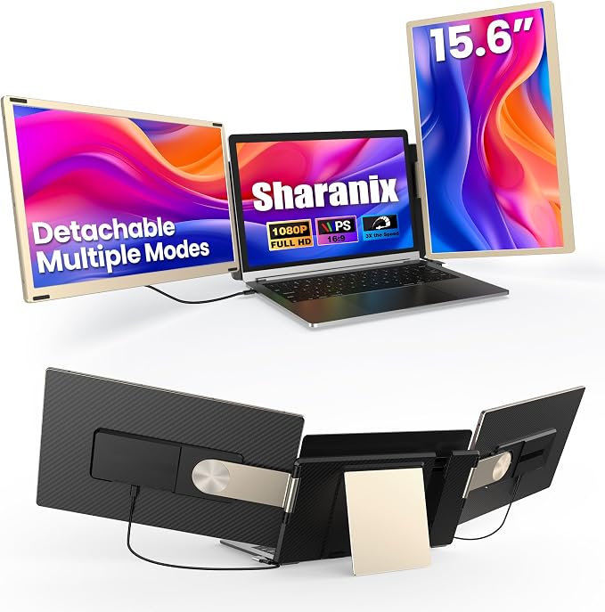 15.6" Laptop Screen Extender, 1080P FHD IPS Triple Portable Monitor, Detachable & Multiple Modes, USB-C/HDMI Plug-Play Monitor Extender for Mac/Win/Android, Fits 13-17" Laptops by Sharanix