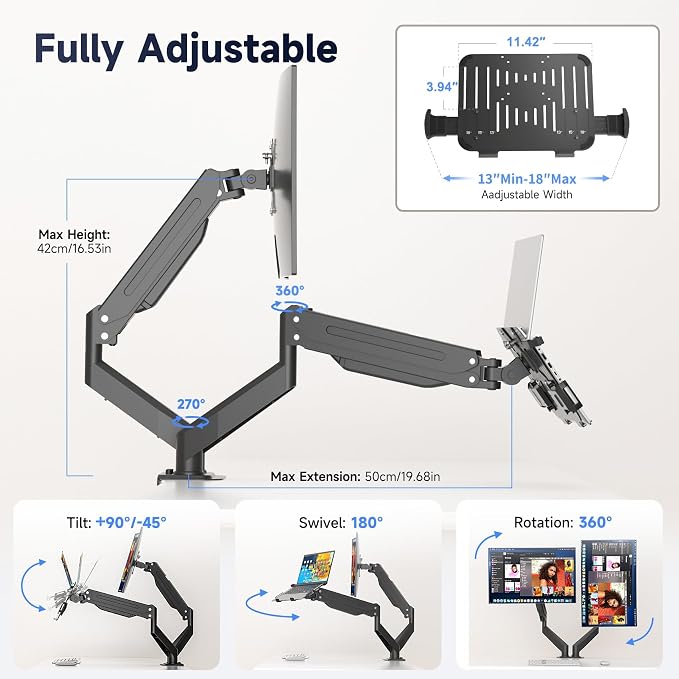 Suptek Monitor Laptop Mount Stand, 2 in 1 Function Dual Monitor Arms Desk Mount for 13"-18" Notebook and 17"-32" Monitor with Laptop Tray,Holds up to 22lbs - Image 3