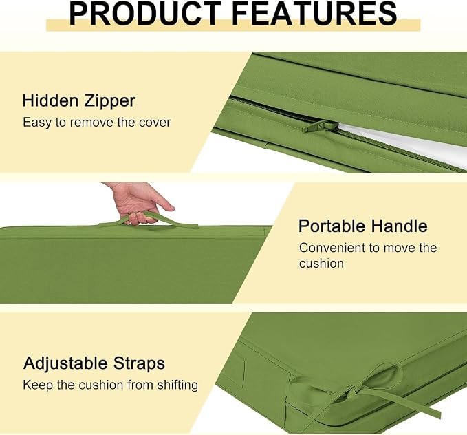 downluxe Waterproof Outdoor Chair Cushions Set of 2, 19" x 19" x 3" Patio Chair Cushion with Non-Slip Ties & Handle, Square Outdoor Cushion for Patio Furniture with Removable Cover, Grass Green - Image 5