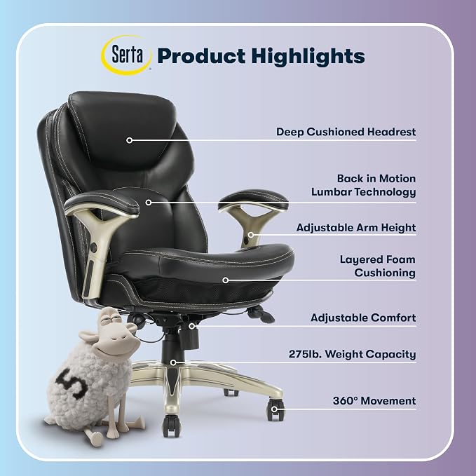 Serta Ergonomic Home Office Chair Pivot Lumbar Support, Leather Desk Chair | Claremont, Adjustable Arms, Height & Tilt, Foam Seat & Headrest Cushion, Work From Home Gaming Chair lower Back Pain, Black - Image 4