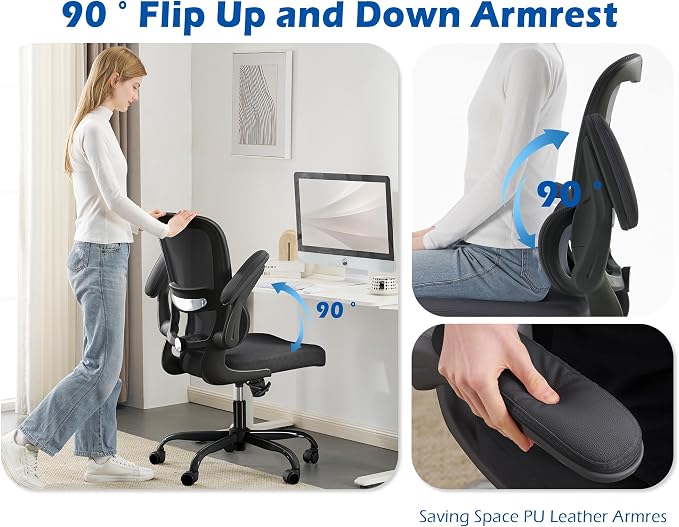 TRALT Ergonomic Office Chair Desk Chair with Adjustable Lumbar Support | Desk Chair Comfy with Flip-up Armrests Ergonomic Chair - Mesh Computer Chairs for Adults, 330lbs, PU Leather (Black, 4) - Image 6