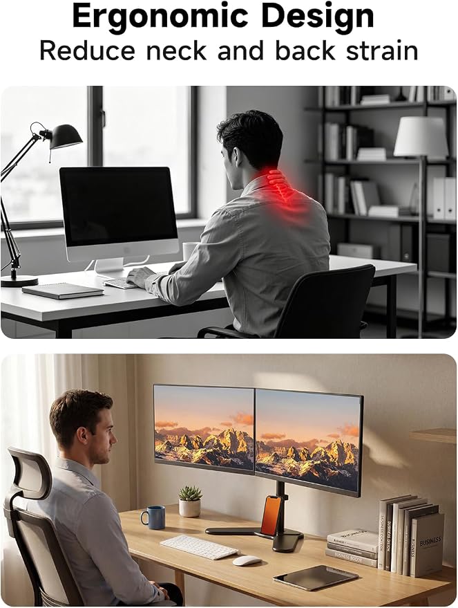 Dual Monitor Stand Mount, Free-Standing Full Motion Monitor Desk Mount for Two 13-32 inch, 15.43lbs, Adjustable Angle Height Monitors Arm, Desk Stand, Ergonomic L Feet, Black (ML7442) - Image 7