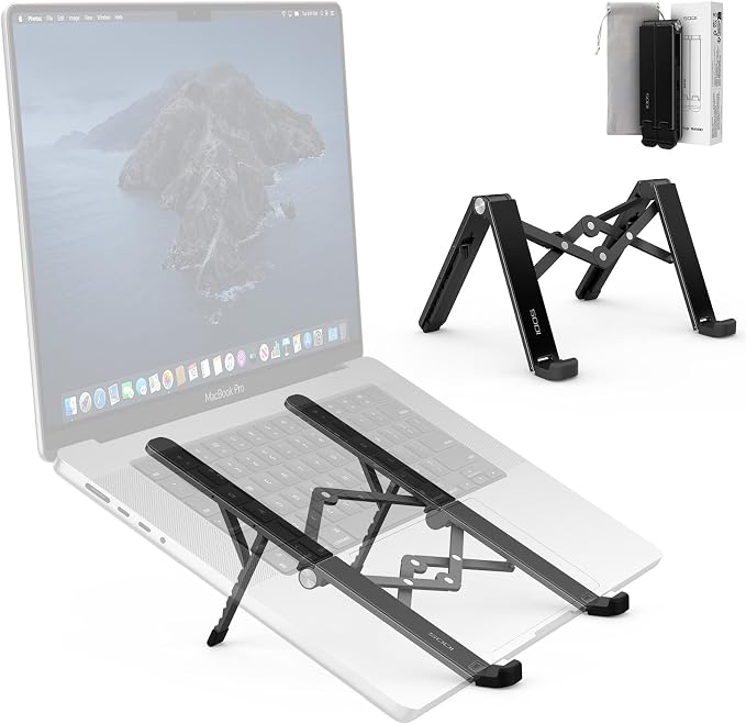 2025 Foldable Laptop Stand for Desk - Bi-fold Ergonomic Spring Adjustable Computer Holder, 3 in 1 Metal Portable Laptop Stand for Notebook, Phone, Tablet,10-16", Desk & Travel Use by SODI