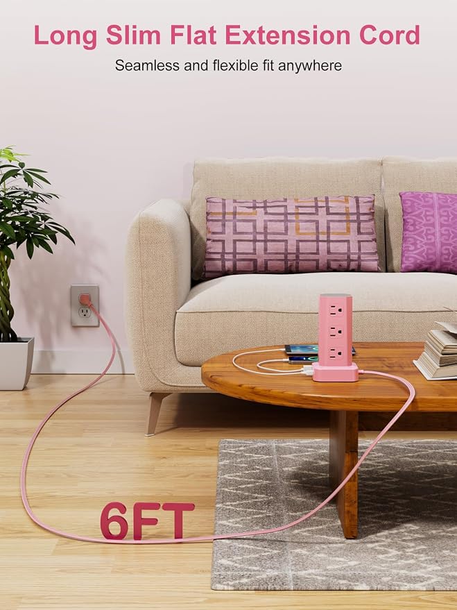 Power Strip Tower Surge Protector, 6FT Flat Plug Extension Cord with Multiple Outlets, 12 AC Outlets 4 USB (2 USB C), Desktop Charging Station with Surge Protection for Home Office Dorm Room, Pink - Image 5