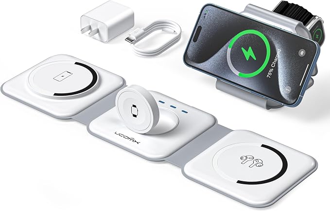 3 in 1 Charging Station for Multple Devices,Foldable 3 in 1 Wireless Charger for Travel,NANO Wireless Charging Station for iPhone17 16 15 14 13 12 Pro Max/Watch 10 9 8 7 6 5 4 3 Ultra/AirPod Pro by UCOMX