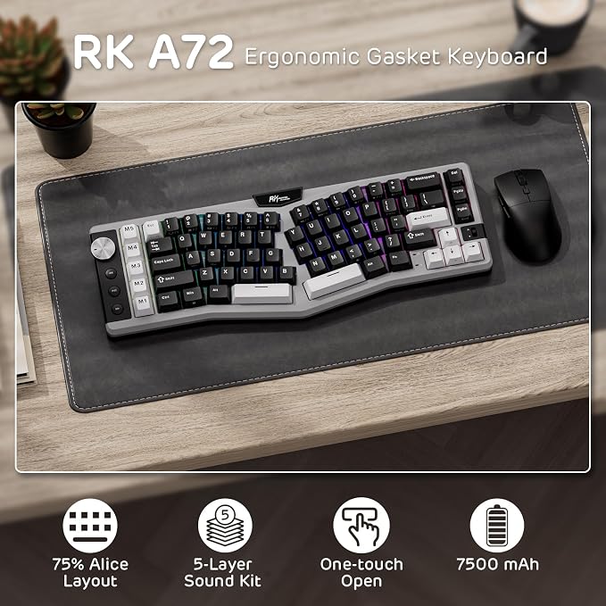 RK ROYAL KLUDGE A72 Alice Ergonomic Wireless Mechanical Keyboard,Split Ergo | Gasket RGB Gaming Keyboard w/Knob/Macro Keys/Touchable Nameplate, BT/2.4GHz/USB-C, 5-Layer Noise Dampening, Win/Mac Software - Image 2