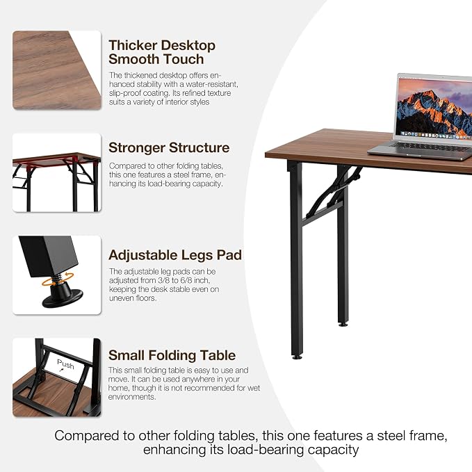 TEMI Long Computer Desk Folding Table - 55.1" Foldable Office Desk, No Assembly, Perfect Writing Table for Bedroom, Dorm, or Apartment, Portable Large Desk or Study Table with Compact Design, Walnut - Image 7