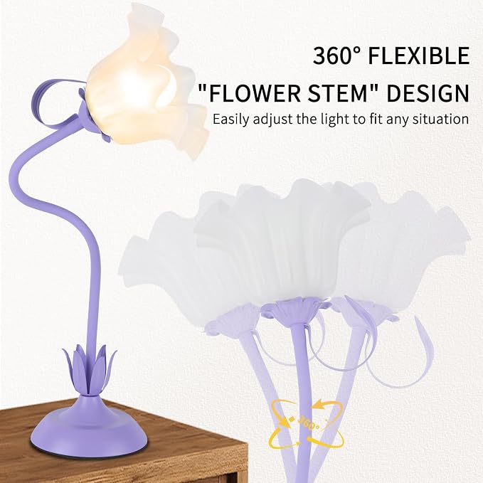 Cute Flower Desk Lamp, 3 Color Temperature Table Lamp with LED Bulb, Vintage Bedside Lamps, Reading Lamps with Soft Light for Bedroom, Living Room（Purple） - Image 2