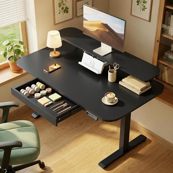 GTPLAYER Electric Standing Desk with Drawers, 55 x 24 Inches Height Adjustable Computer Desk with Monitor Stand, Laptop Stand, Home Office Sit Stand Up Desk with Memory Preset, Black - Image 9