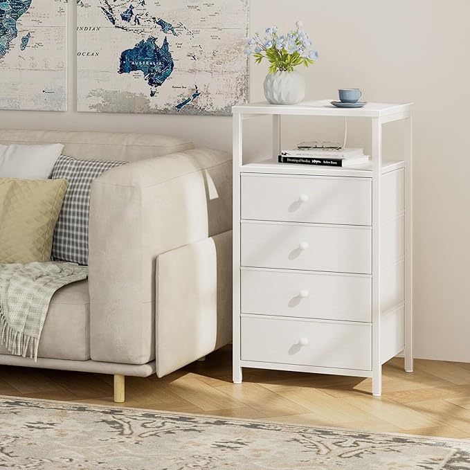 BOLUO Tall Night Stand with Drawers, White Nightstand with Charging Station and LED Light, Small White 4 Drawer Dresser for Bedroom, Room Storage Closet - Image 5