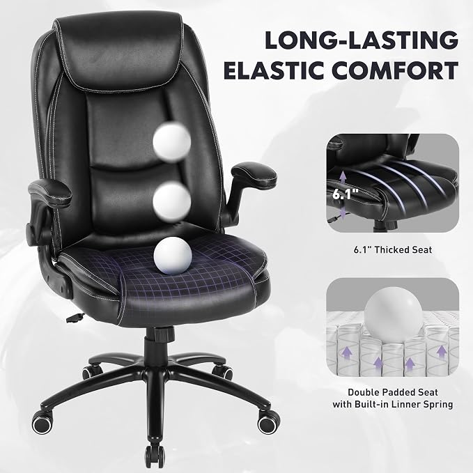 MALOL 300lbs Office Chair with Flip-Up Armrests & Reclining Backrest, Ergonomic PU Leather Executive Desk Chair-Adjustable Height & Tilt Tension, Black - Image 5
