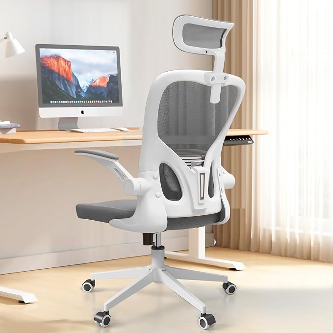 Monhey Office Chairs, Ergonomic Office Chair, Computer Chair with Adjustable Headrest, Lumbar Support, 2D Armrest, Metal Base and Iron Legs, White Frame Grey Mesh Office Chair by Monhey-EasyErgonomicChair