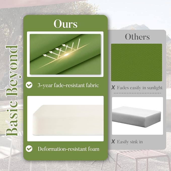 Basic Beyond Outdoor Chair Cushions for Patio Furniture, Waterproof Outdoor Seat Cushions Set of 4 19 x 19, Patio Chair Cushions Set of 4 with Ties and Handle, Grass Green/White - Image 2
