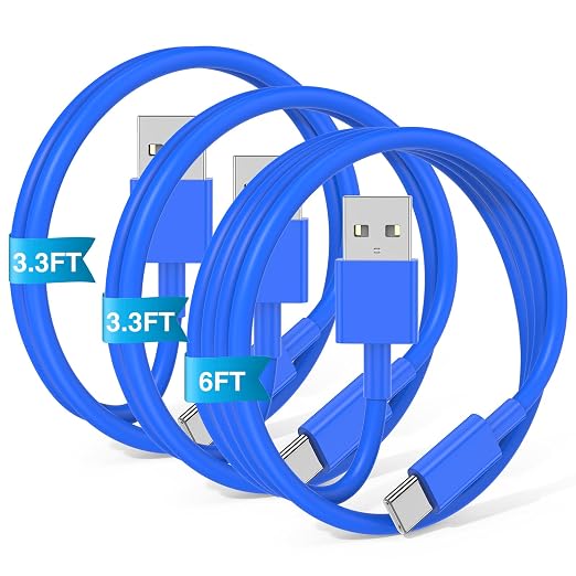 3-Pack Blue [3.3FT+3.3FT+6FT] USB A to USB C Cable, Compatible with iPhone 15/16, iPad, Samsung, MacBook, PS5 and More, Fast Charging, Carplay Cable by JERMASAL