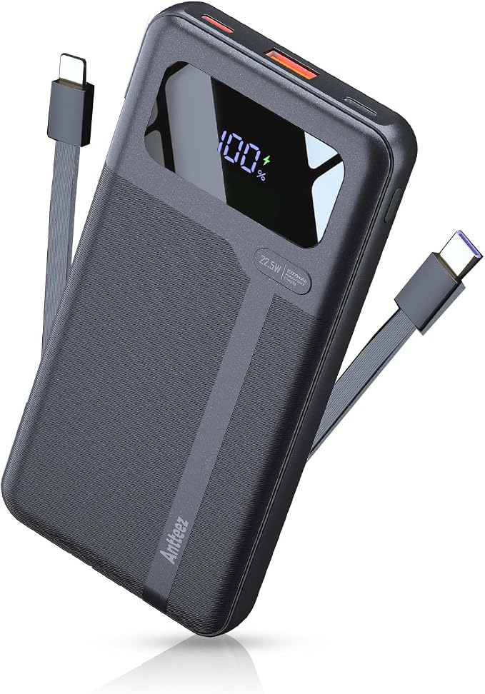Antteez Portable Charger 10,000mAh, Power Bank Fast Charging with Built-in Cables, 22.5W USB C Travel Battery Pack, LED Display & 4 Outputs, Compatible with iPhone, Samsung, iPad - Image 2