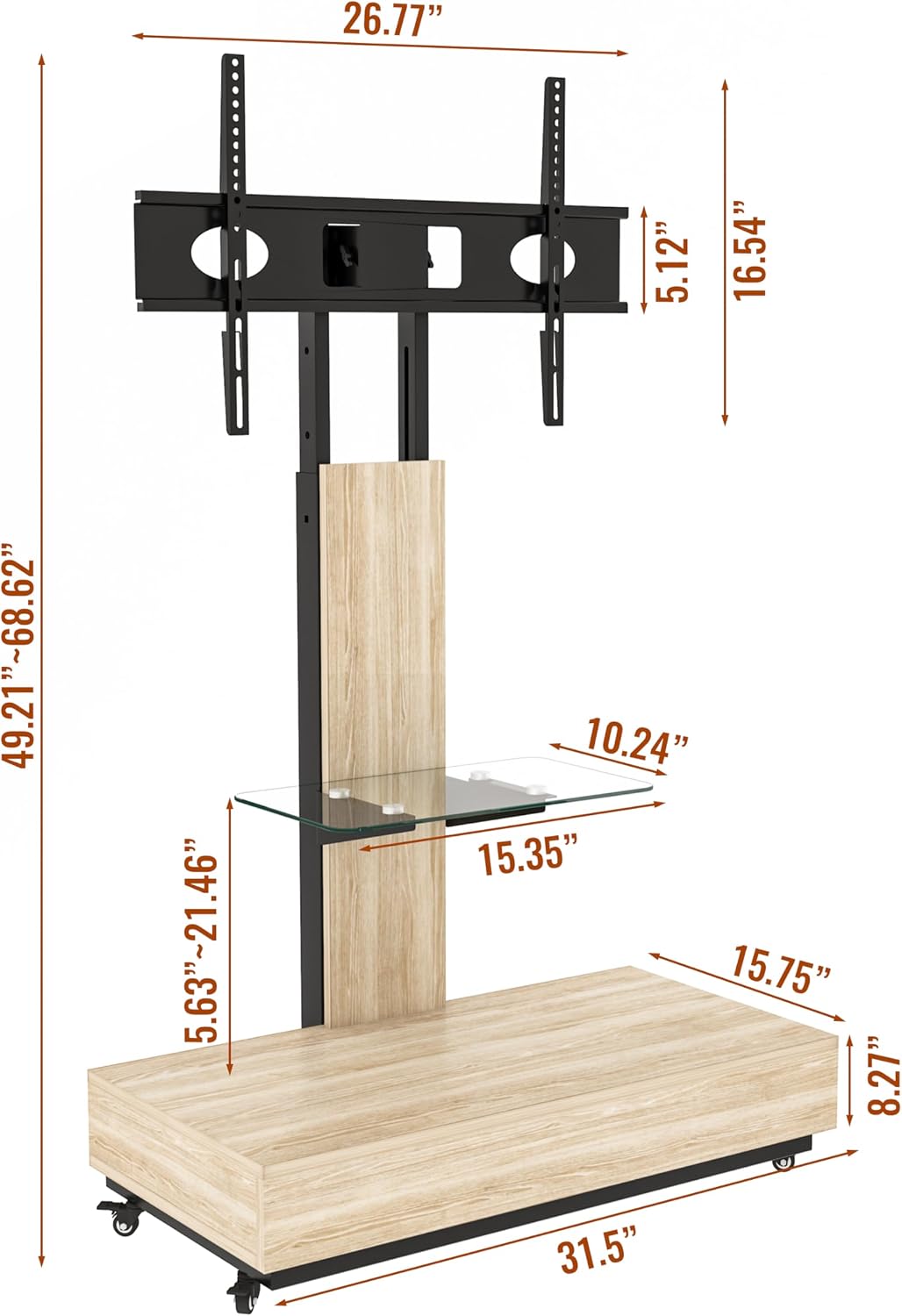 Swivel TV Stand for 32-75 inch TVs,Adjustable Height Mobile TV Cart, Wood & Glass TV Stand with Wheels & Storage for Living RoomBedroom,Offices - Image 2