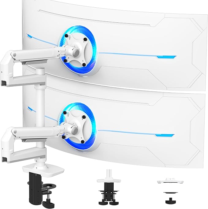 Ergounion White Monitor Arm, Vertical Stacked Stand for 2 Screens up to 40" | Solid aluminum holds 25 lbs/arm, no sagging. +90°/-25° tilt, 180° swivel, 360° rotation. VESA 75/100. With Cable management by Ergounion