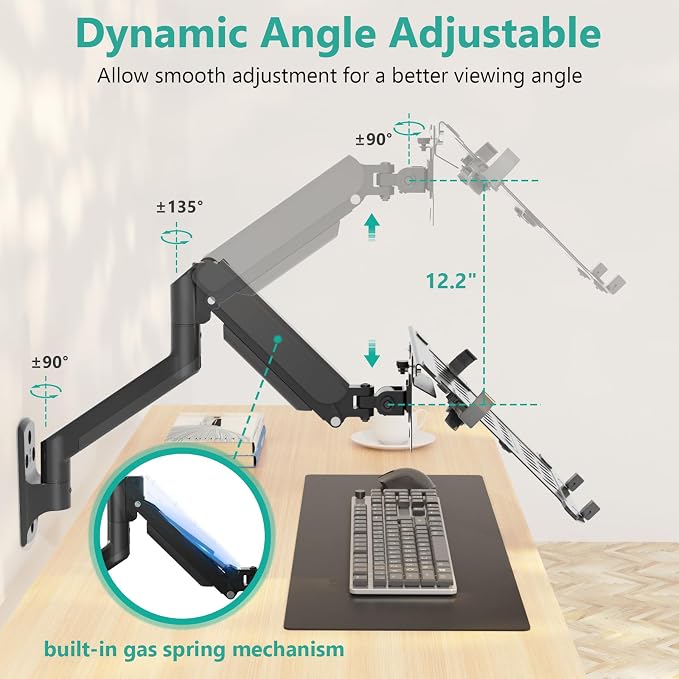 WALI Laptop Wall Mount for 17" Notebook and Up to 32" Screen | Full Motion Adjustable Monitor Wall Arm with Laptop Tray, VESA 75x75/100x100mm, Up to 15.4-22 Lbs (GSWM001LP), Black - Image 4