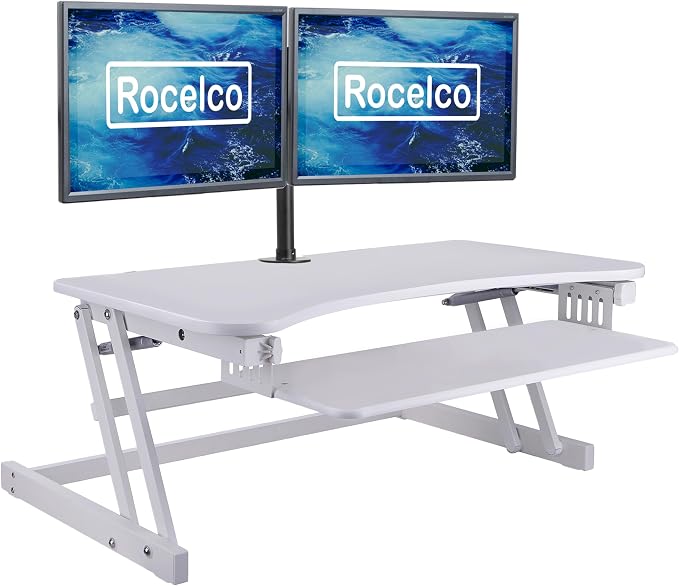 Rocelco 37.5" Height Adjustable Standing Desk Converter with Dual Monitor Mount and Slide Out Retractable Keyboard Tray - Sit Stand Up Double Screen Tabletop Riser Workstation - White (R DADRW-DM2) - Image 2