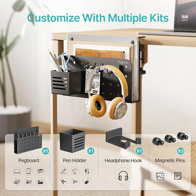 Desk Side Storage Organizer, Fits Flat Edge 0.4" to 2.2", Black | No Drill Under Desk Laptop Holder, Clamp on Desks Shelf with Pegboard Accessories, Hanging Laptop Mount - Image 3