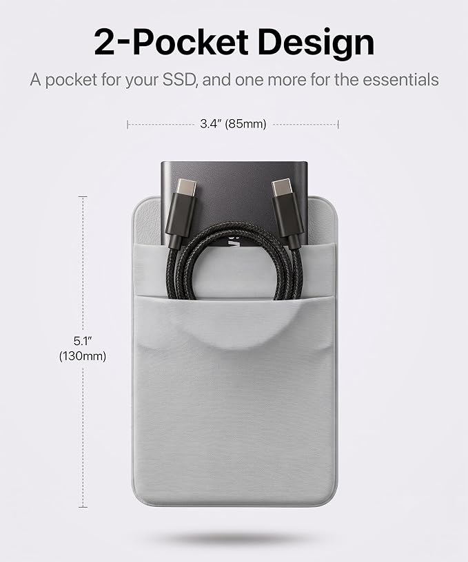 2-Pocket SSD & Hard Drive Holder for Laptop, Reusable 3M Adhesive | Stick-On Sleeve for Portable SSDs | 5.1 x 3.4-Inch Pouch | Separate Pocket for Cables | Built-In Safety Strap - Image 2