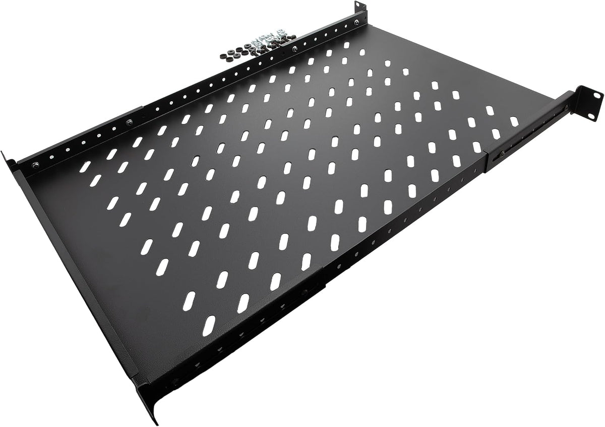 Vented 4-Post Shelf, Adjustable, Black, 650 mm Depth, 1U, 242 lbs, Cold Rolled Steel, CE Compliant - Image 5