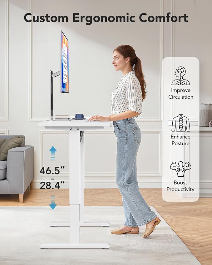 HUANUO Electric Small Standing Desk, Whole Piece Desktop, Adjustable Height Computer Desk, 4 Height Memory Settings, Sit Stand Up Desk for Home Office, 35" x 20", White - Image 8