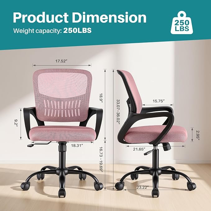 OLIXIS Ergonomic Office Desk Chair, Mid-Back Executive Computer Chair | Fixed Armrest, Rocking Mode, Height Adjustable, 360° Rolling Swivel Adults, Student, Pink - Image 2