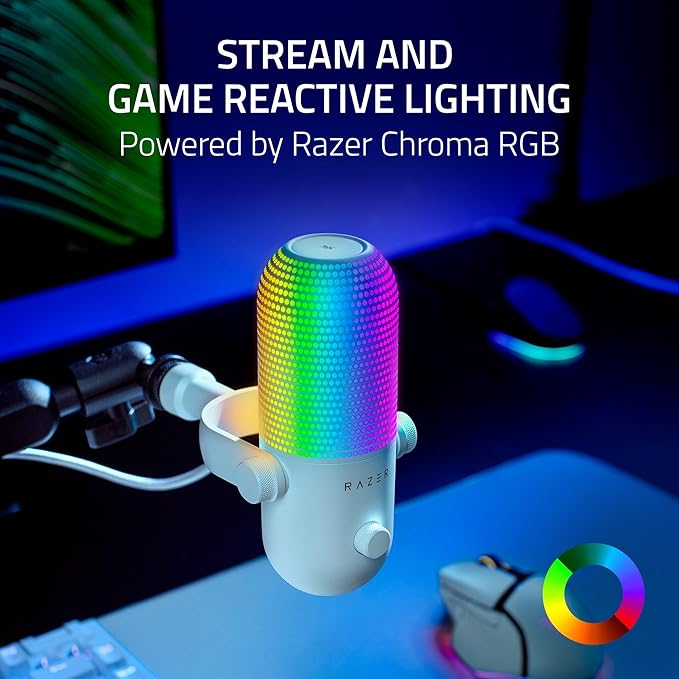 Razer Seiren V3 Chroma RGB, Stream & Game Reactive, USB Microphone, White | Tap-to-Mute Sensor, Condenser Mic, Digital Gain Limiter & Shock Absorber, Works with OBS, Discord, Zoom, Teams - Image 2