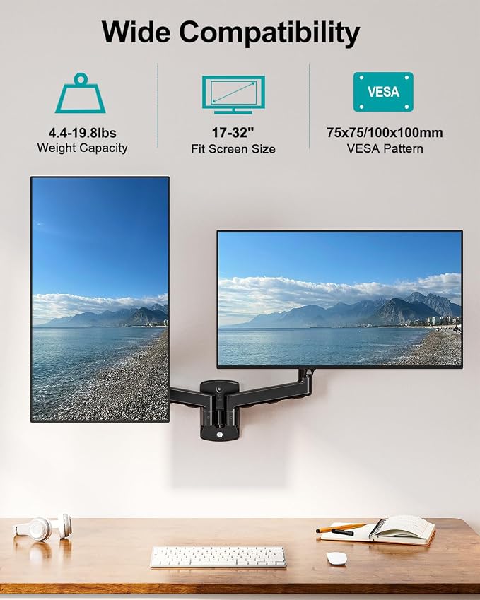 MOUNT PRO Dual Monitor Wall Mount for 13 to 32 Inch Screens, Wall Monitor Arm for 2 Monitors, Each Holds Up to 19.8lbs, Full Motion Wall Monitor Mount with VESA 75x75/100x100, Home Office Setup - Image 3