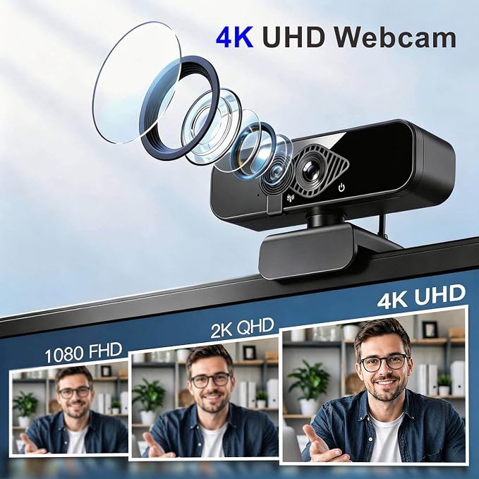 4K Webcam with USB C Adapter Privacy Cover Microphone for PC Mac Laptop | 4K UHD for Zoom/Teams. Privacy shutter, 1-sec close. Noise-canceling mic. USB-C/USB-A plug & play. Works with PC/Mac/ apps. - Image 2