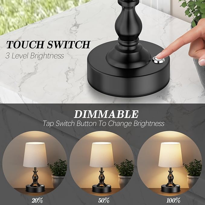 Mini Cordless LED Table Lamp, 5200mAh Rechargeable Battery Operated Lamp, 3-Level Brightness, Touch Dimmable Desk Lamp, Bedside Night Light for Patio Camping Restaurant Home, Matte Black - Image 2