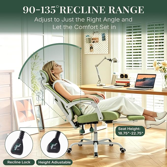 Ergonomic Office Chair with Footrest, Computer Gaming Chair | Adjustable Headrest, Lumbar Support, Swivel Reclining, Padded Armrest, Mesh High Back, Home Desk Work Study, Green - Image 5
