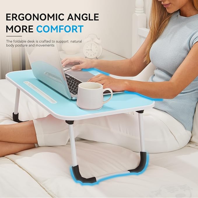 BUYIFY 23" Foldable Lap Desk for Laptop Writing w/Cup Holder Blue | Sturdy and Durable, Laptop Bed Desk with Tablet Slot, No Assembly, Space Saving for Bed Couch Dorm WFH Students - Image 2