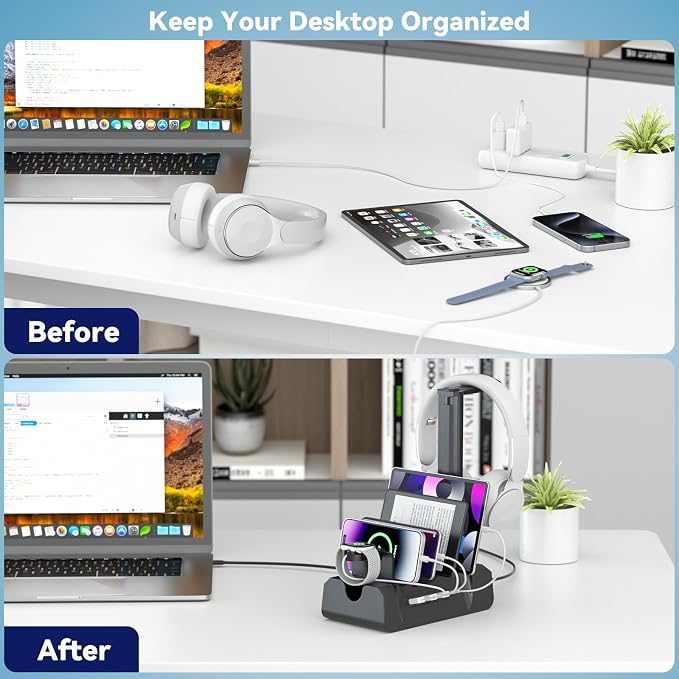 KDD Charging Station with 6 Charging Cables - Fast Charging 6 in 1 Cellphone Charging Dock with Headphone Stand and Watch Holder - 2 AC&USB A&USB C, Storage Station for Smartphone,Tablets, AppleWatch - Image 7