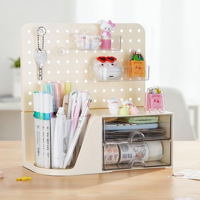 Comix Desk Organizer with 2 Drawer, Beige 360° Rotating Pen Holder for Desk | Desk Organizers and Accessories with 5 Slots Pencil Holder+Pegboard+Drawer, Pen Organizer for Home School Art Office Supplies - Image 5