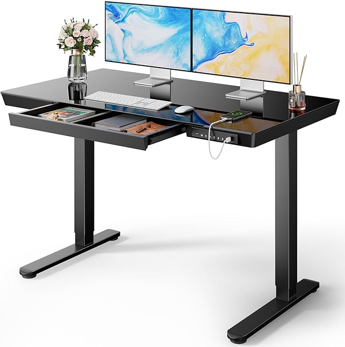 Marsail Glass Standing Desk with Drawer, 48 x 24 inch Electric Standing Desk, Height Adjustable Desk with One-Piece Tabletop & USB Charging Ports, Sit Stand Desk with Storage for Home & Office Black by Marsail
