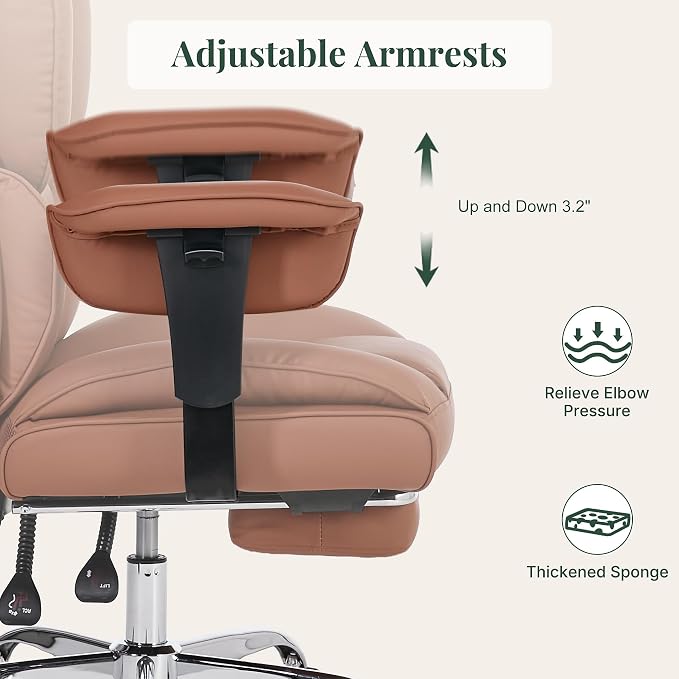 Big and Tall Office Chair 400 LBS, for Adults, Home Office | PU Leather, Executive Ergonomic Desk Chair with Footrest, Lumbar Support, Wide Seat ,Reclining, Adjustable Armrest, Brown - Image 9