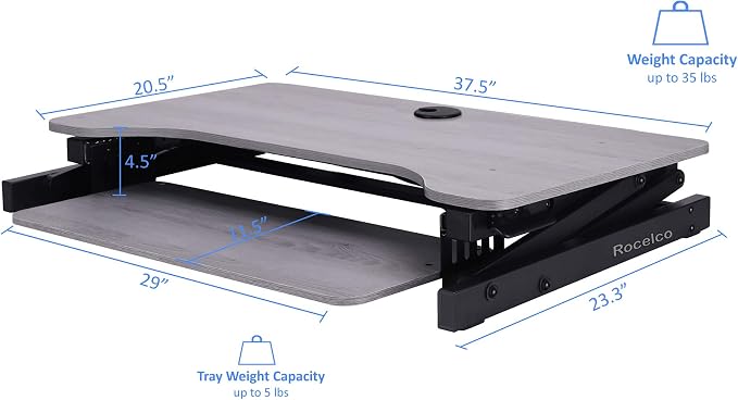 Rocelco 37.5" Height Adjustable Standing Desk Converter with Dual Monitor Mount and Anti Fatigue Mat -Slide Out Retractable Keyboard Tray -Sit Stand Tabletop Riser Workstation -Gray (R DADRG-DM2-MAF) - Image 3