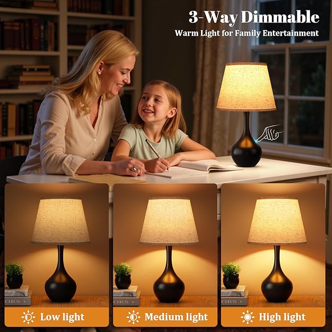 16.1" Touch Table Lamp for Nightstand, 3 Way Dimmable Small Bedroom Lamp | Touch Control, Bulb Included, Black Bedside Lamps for Desk, Night Stands, Living Room, End Table, Corded - Image 4