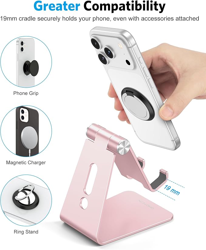 OMOTON Adjustable Cell Phone Stand, C2 Aluminum Desktop Phone Holder Dock Compatible with iPhone 15 14 13 Xs XR 8 Plus 7 6, Samsung Galaxy, Google Pixel, Android Phones, Rose Gold | Sturdy 3mm Aluminum, Charging Port, 270° Adjustable, Non-Slip Silicone... - Image 5