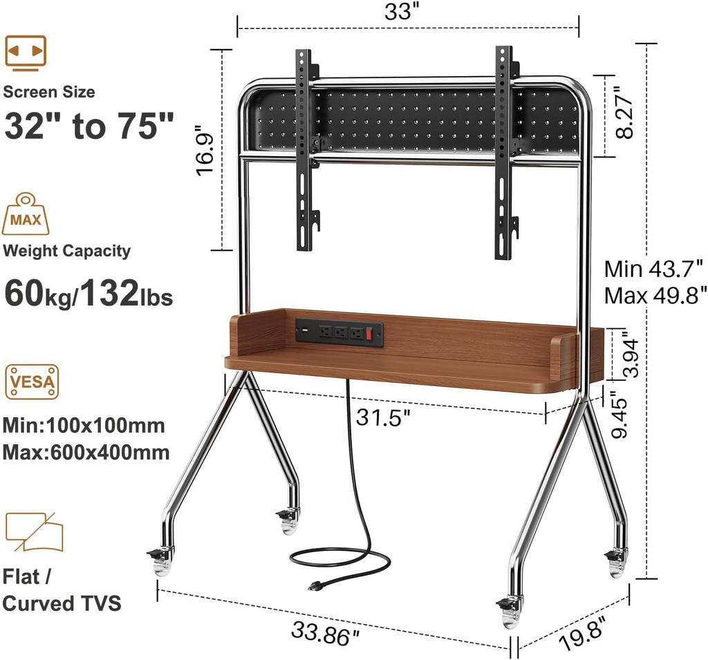 Rolling TV Stand with Power Outlet & Wooden Shelf, Stainless Steel Mobile TV Carts for 32-75 Inch TVs up to 110 lbs,Height Adjustable Portable TV Stand with wheels and Pegboard Storage for Home Office - Image 7