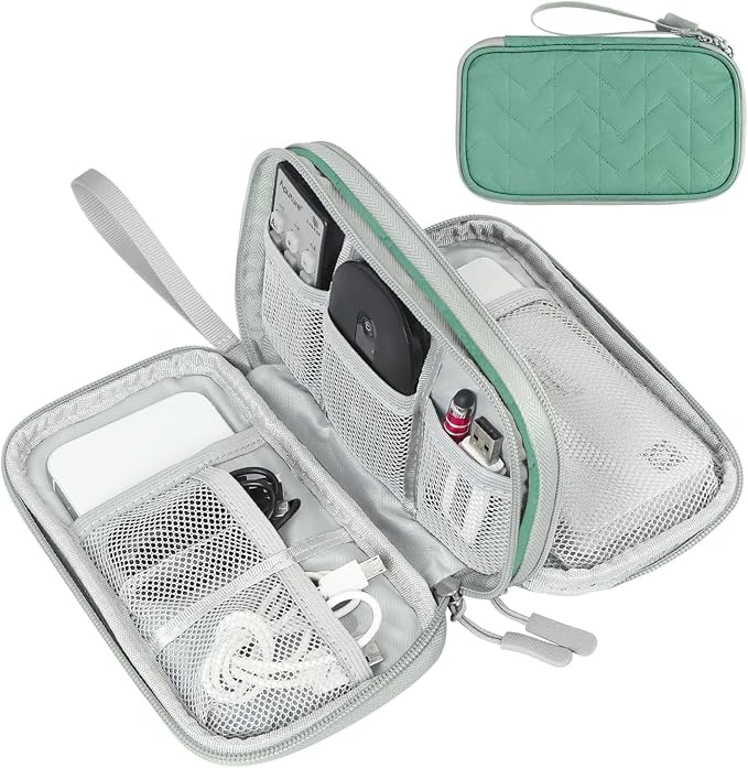 FYY Electronic Organizer, Travel Tech Pouch Bag, Medium, Green Quilted | Wrist Strap, Waterproof, Double Layers Portable Electronics Travel Carrying Case for Cord, Charger, Daily Business Trips Use by FYY