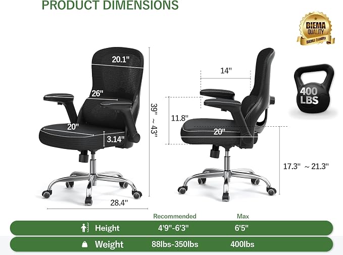 400LB Office Chair: Mesh Ergonomic Desk Chair Comfy with Lumbar Support | Computer Chair Ergonomic Gaming Chairs for Adults with Wheels&Flip up Armrests-Swivel Executive Task Chairs (Leather-Black) - Image 2