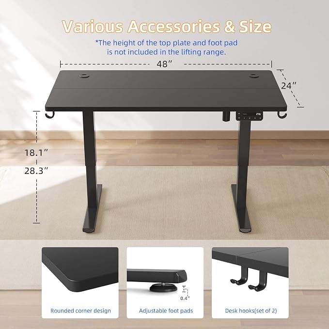 YIHAYO Low Height Adjustable Desk, Lifts 18.1-28.3 Inches, Electric Standing Desk for Short People, 48 x 24 Inches Computer Table with Splice Board for Home Office, Black - Image 3