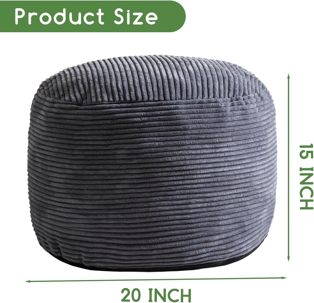 HIGOGOGO Round Stuffed Pouf Ottoman, Corduroy Poufs with Foam Chunk Filling, Furry and Fluffy Pouf Foot Stool Storage Ottoman, 20 X 15 Floor Poufs Foot Rest for Living Room, Dark Grey - Image 2