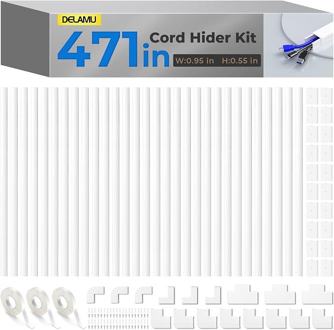 Delamu Cord Hider, 471in Total Cord Covers for Wires on Wall, Paintable Cable Cover for Wall Mounted TV, Easy Install Cable Raceways to Hide 2-3 Cords, 30 Pack, Each 15.7"L x 0.95"W x 0.55"H, White by DELAMU